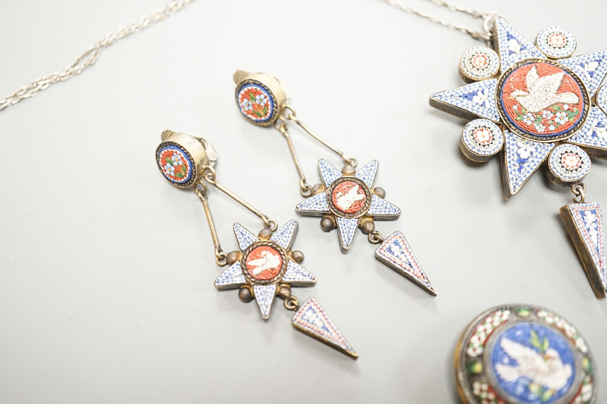 A 19th century Italian gilt metal and micro-mosaic drop pendant on chain, pendant 6cm and a pair of matching drop earrings and a micro-mosaic button